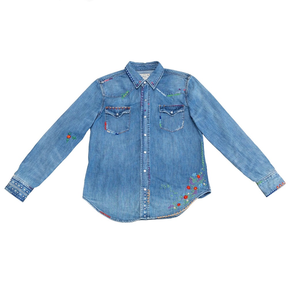 Polo Ralph Lauren Embroidered Denim Western Shirt Eagle Sun Mountain Blue Large